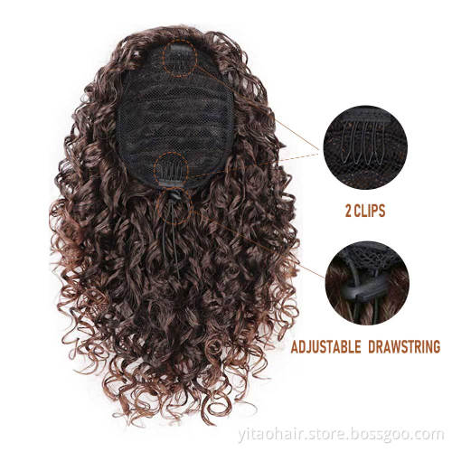 Curly Ponytail Hair Piece High Synthetic Hair with 2 Clips for Women (Mixed Dark Brown)